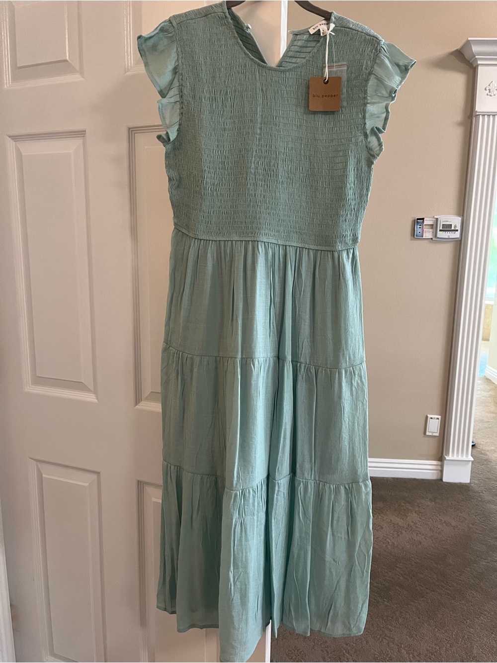 Blu Pepper Sage Green Tiered Dress with Ruffle Sleeves with lining